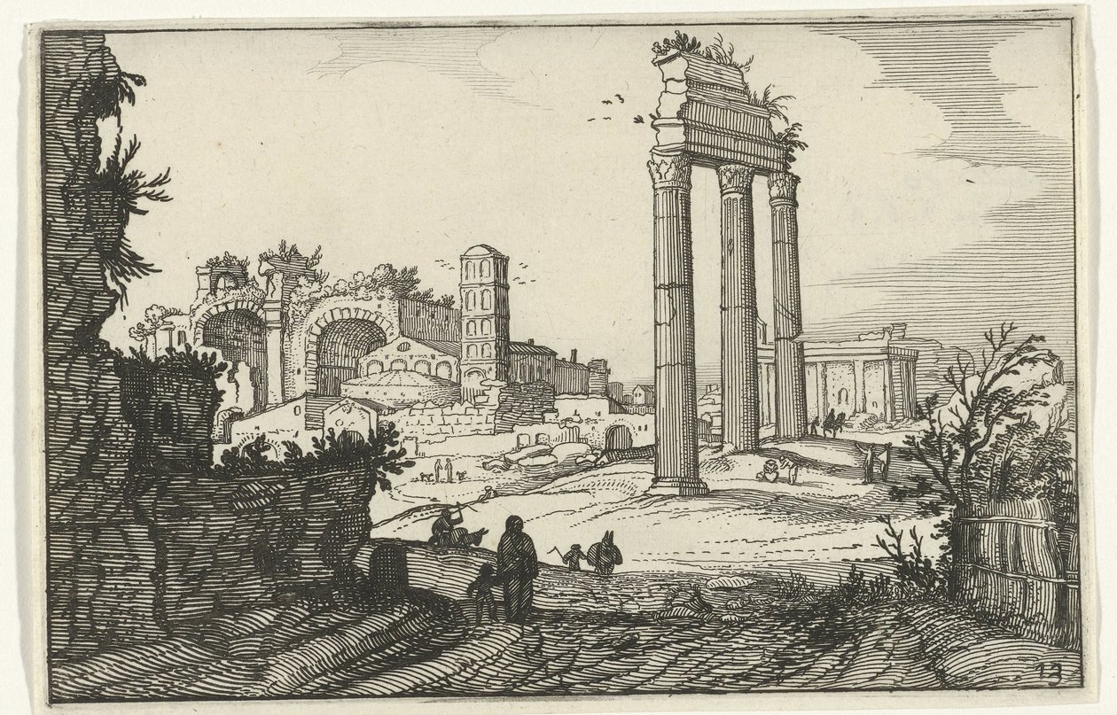 Temple of Castor og Pollux og Basilica of Constantine Romerske ruiner og kystlandskap (serie 1) (serietittel) av Willem van Nieulandt (II)