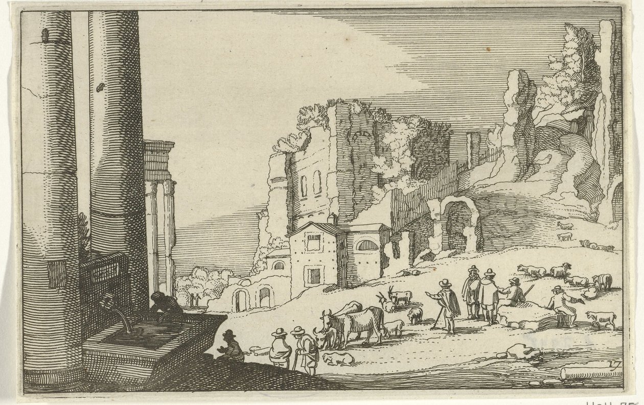 Storfe blant romerske ruiner Romerske ruiner og kystlandskap (serie 1) (serietittel) av Willem van Nieulandt (II)