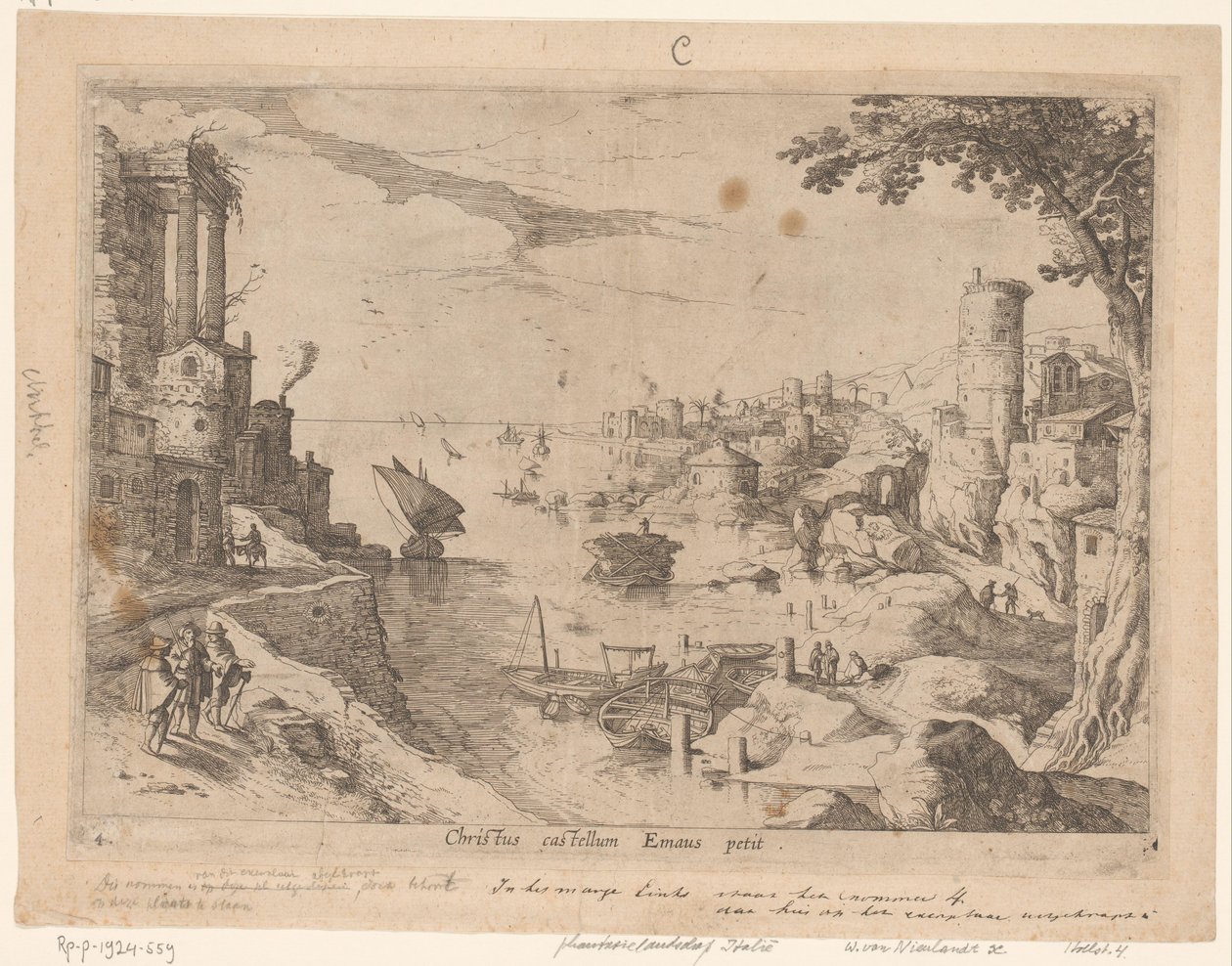 Landskap med Emmausreisende Christ castellum Emaus petit (tittel på objekt) Italienske landskap med bibelske scener (serietittel) av Willem van Nieulandt