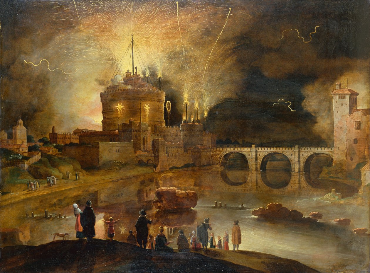Castel Sant Angelo, Roma, med byfolk som ser på et fyrverkeri om natten (olje på panel) av Willem van Nieulandt