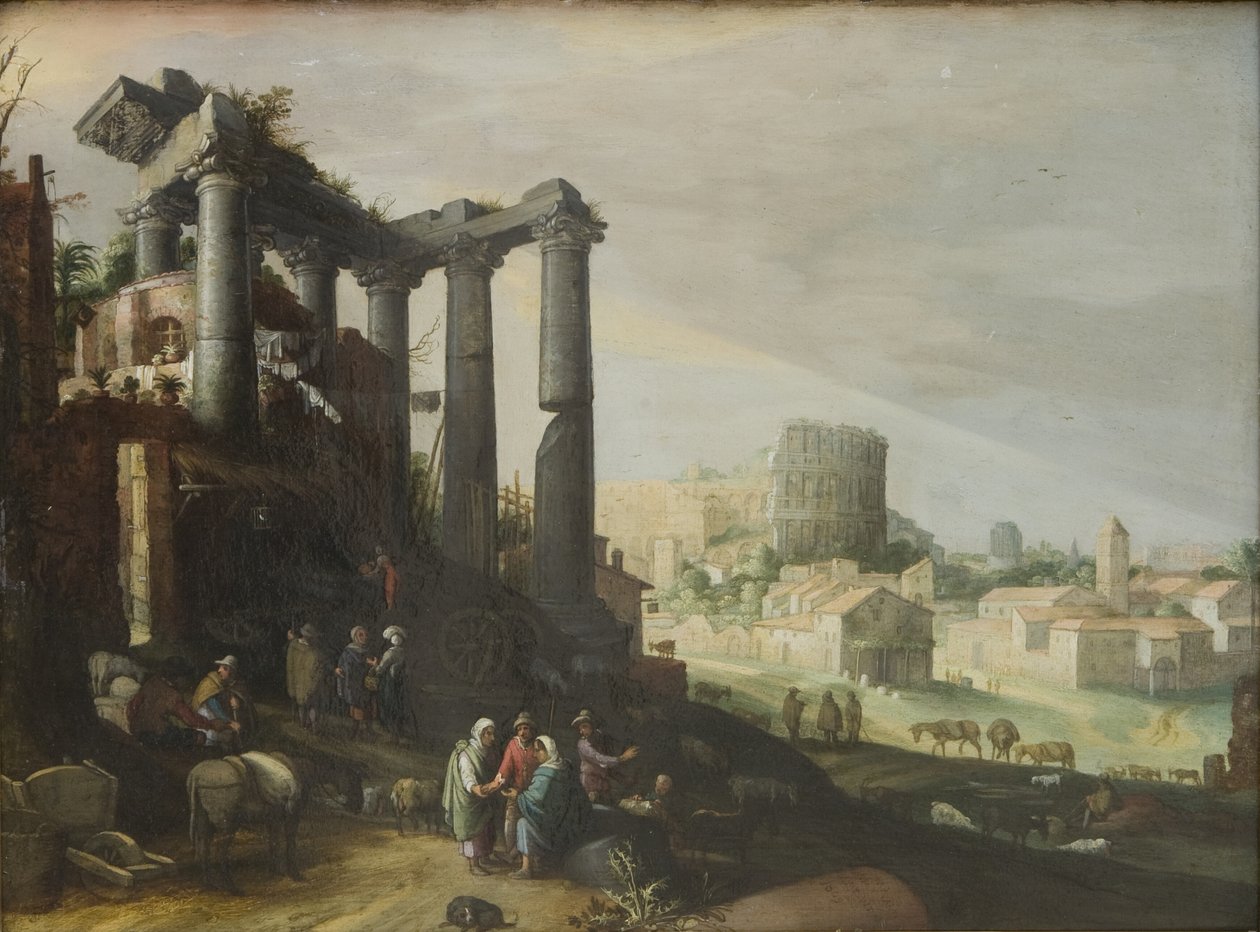 Landskap med utsikt over Campo Vaccino i Roma av Willem van Nieulandt d.Y.