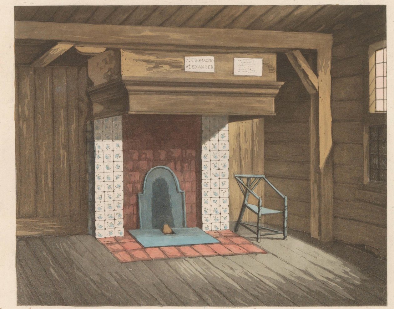 Interiør i Tsar Peter-huset i Zaandam, 1824 Hytta bebodd av tsaren peeter de groten i Zaandam i år 1697 (...) - La maisonnette habitée par le Czar pierre le grand à Zaandam (...) (tittel på objekt) av Willem van Senus (possibly)
