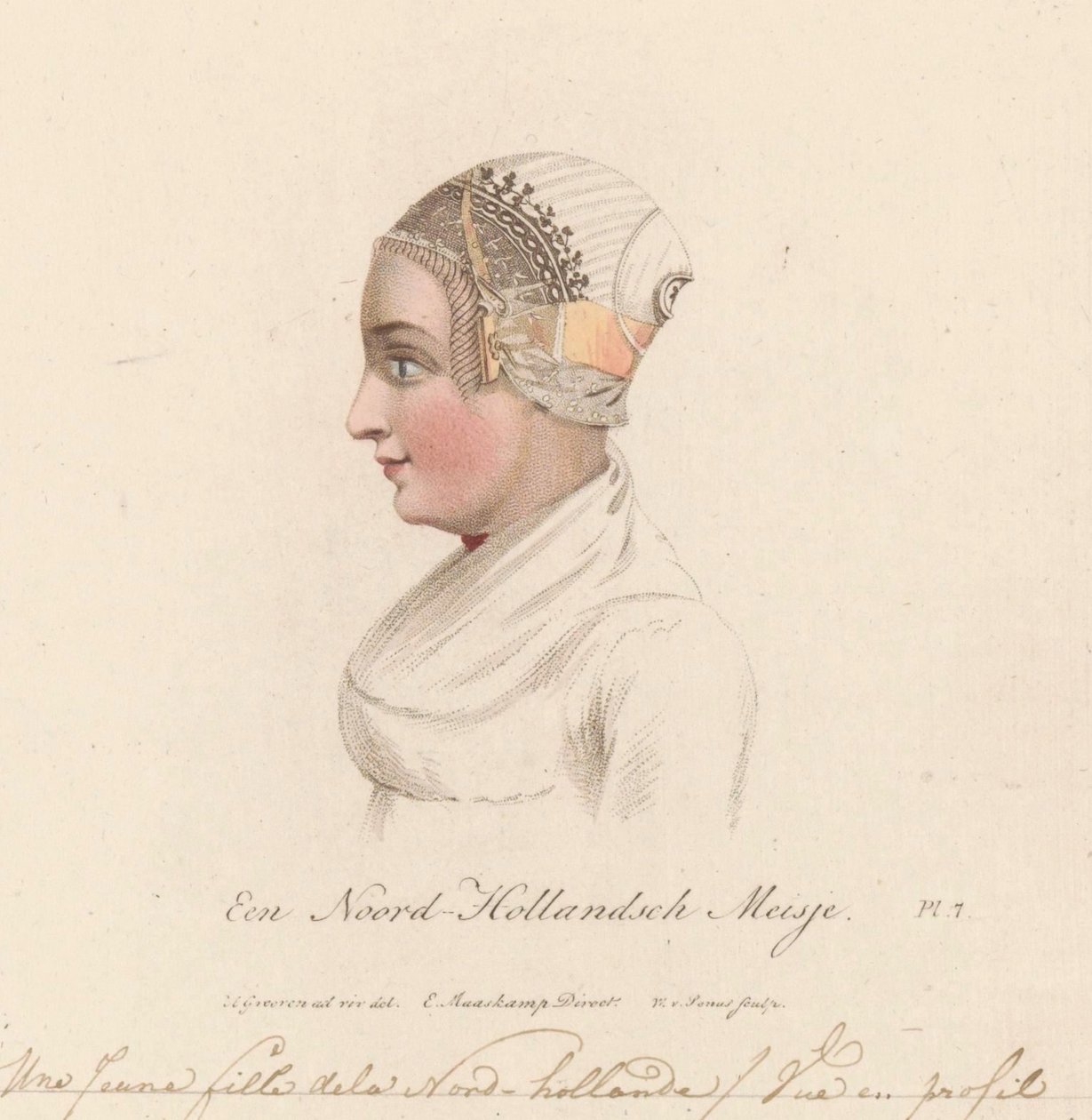 Hodeplagg til en jente fra Nord-Holland, 1816 A North Holland Girl / Une Jeune fille de la Nord-Holland / Vue en profil (tittel på objekt) av Willem van Senus