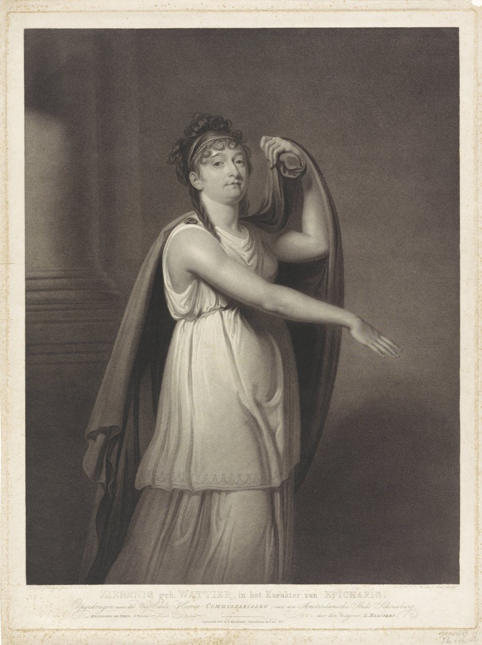 Portrett av Johanna Cornelia Ziesenis-Wattier Ziesenis f. Wattier, i karakteren til Epicharis (tittel på objekt) av Willem van Senus
