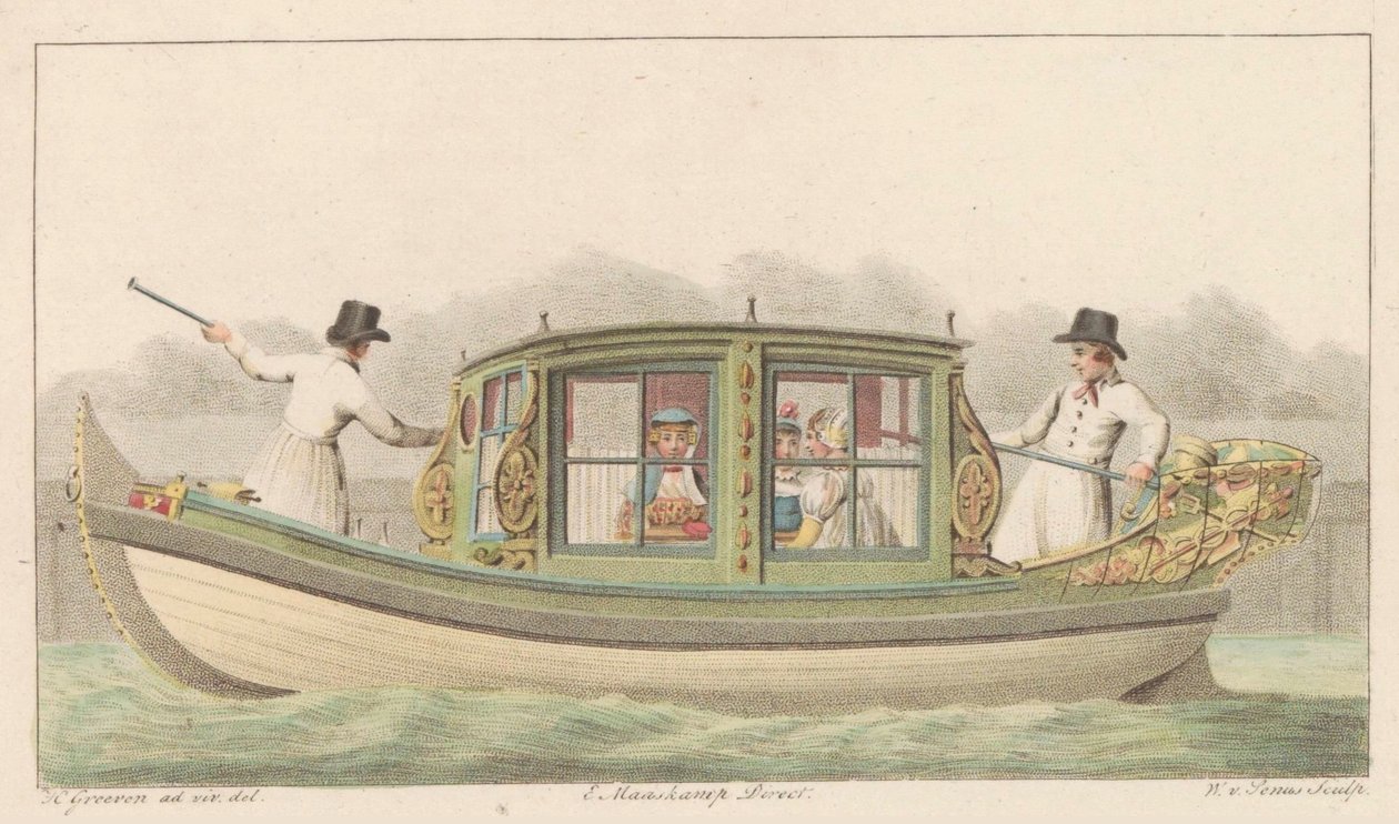 Zaans tentjacht, 1816 A Noord-Hollandsch Tentjagtje on the Zaan / Une barque de Compagnie nommée Tentjagje à Zaandam (tittel på objekt) av Willem van Senus