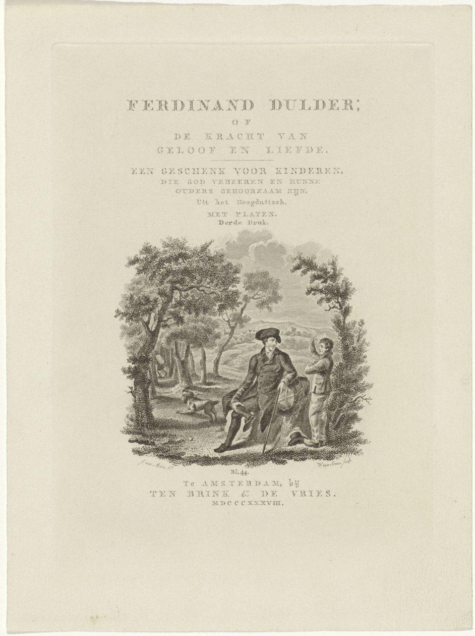 Sittende reisende og en gutt i et landskap Tittelside for: J.G. Tobler, Ferdinand Dulder, 1838 av Willem van Senus