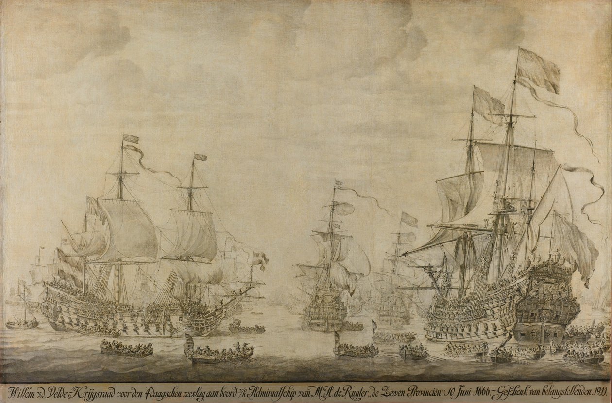 Krigsråd ombord i De syv provinser, flaggskipet til Michiel Adriaensz de Ruyter, 10. juni 1666, før de fire dagers kamp: episode fra den andre anglo-nederlandske krigen av Willem van de Velde (I)