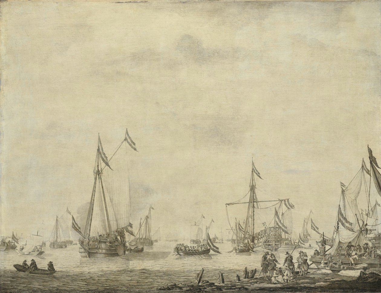 Royal Yacht and State Yacht Seil fra Moerdijk med Charles II, konge av England, om bord, 1660 av Willem van de Velde (I)