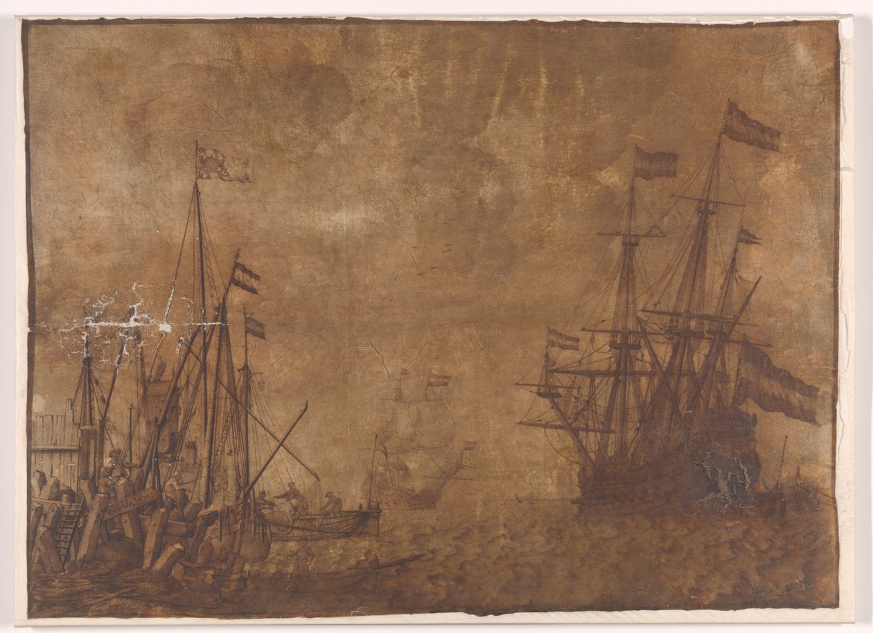Skip ved et havnehode av Willem van de Velde (I)