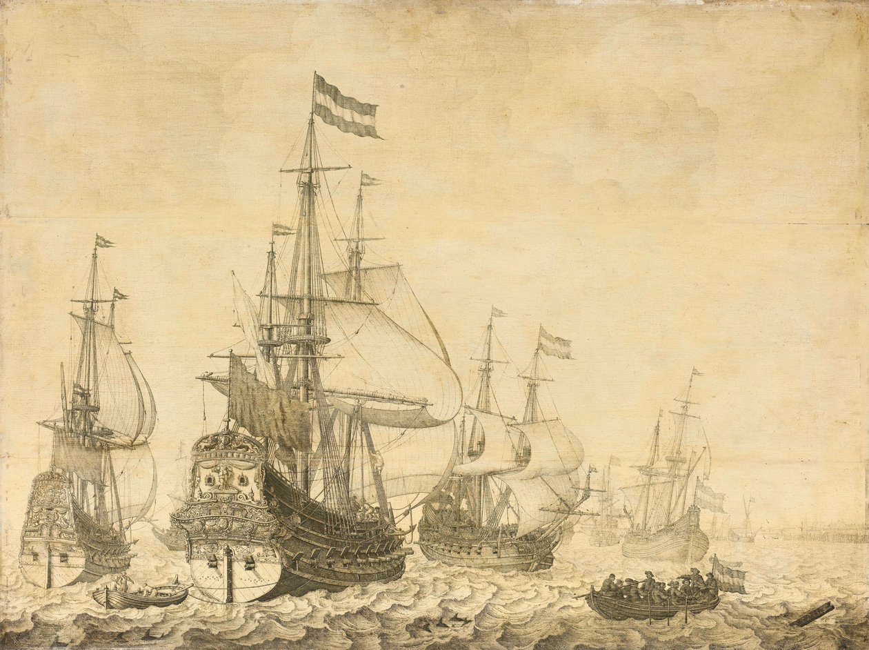 Sjølandskap med de nederlandske krigsmenn, inkludert Drenthe og prins Frederick-Henry av Willem van de Velde (I)