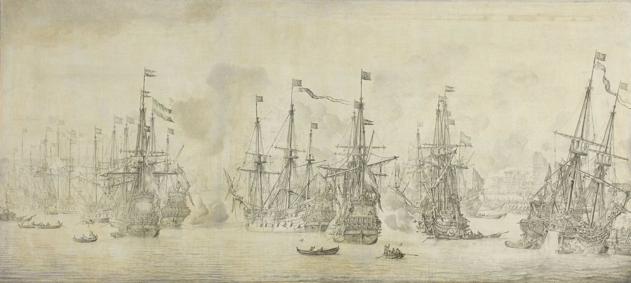 The Failed Attack of the English on the Return Fleet i Bergen havn, Norge, 12. august 1665: en episode fra den andre anglo-nederlandske krigen av Willem van de Velde (I)