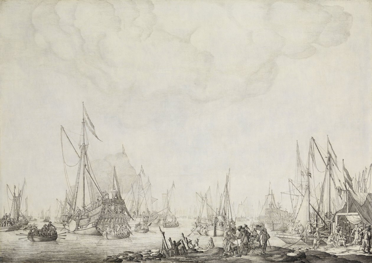 Royal and State Yachts, muligens ankomsten til Charles II av England ved Moerdijk, 1660 av Willem van de Velde (I)
