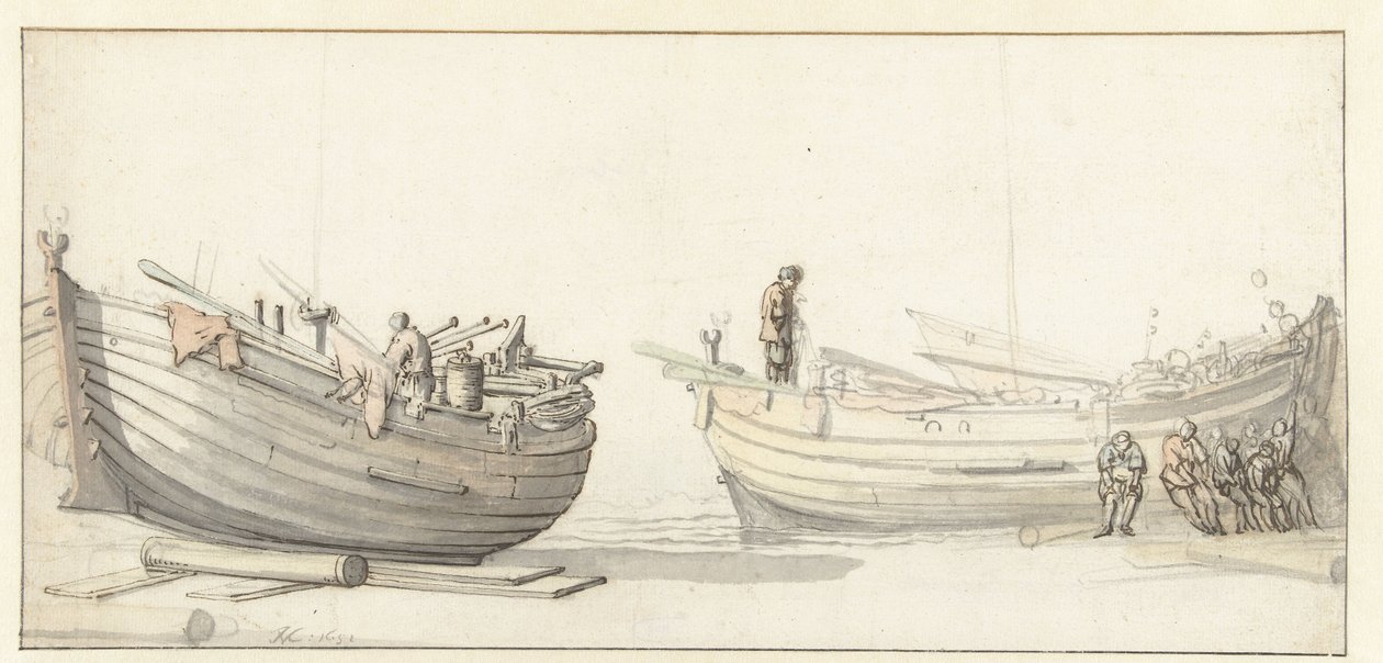 Studie av to fiskebåter med figurer av Willem van de Velde (II) (attributed to)