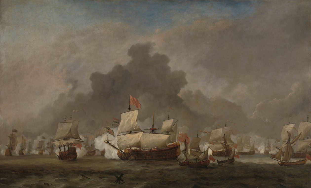 Sjøslag mellom Michiel Adriaensz de Ruyter og hertugen av York på den kongelige prins under slaget ved Solebay, 7. juni 1672: episode fra den tredje anglo-nederlandske krigen av Willem van de Velde (II)
