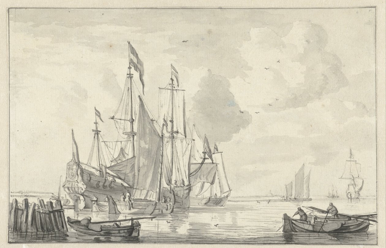 Sjølandskap med noen skip i rolig vann nær kysten av Willem van de Velde (II)