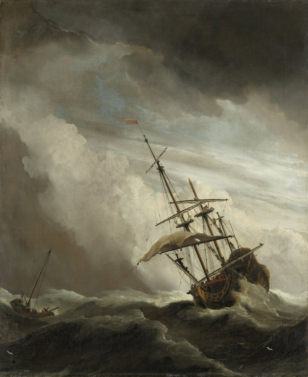 Et skip på åpent hav fanget av en storm, kjent som vindkastet, 1680 av Willem van de Velde
