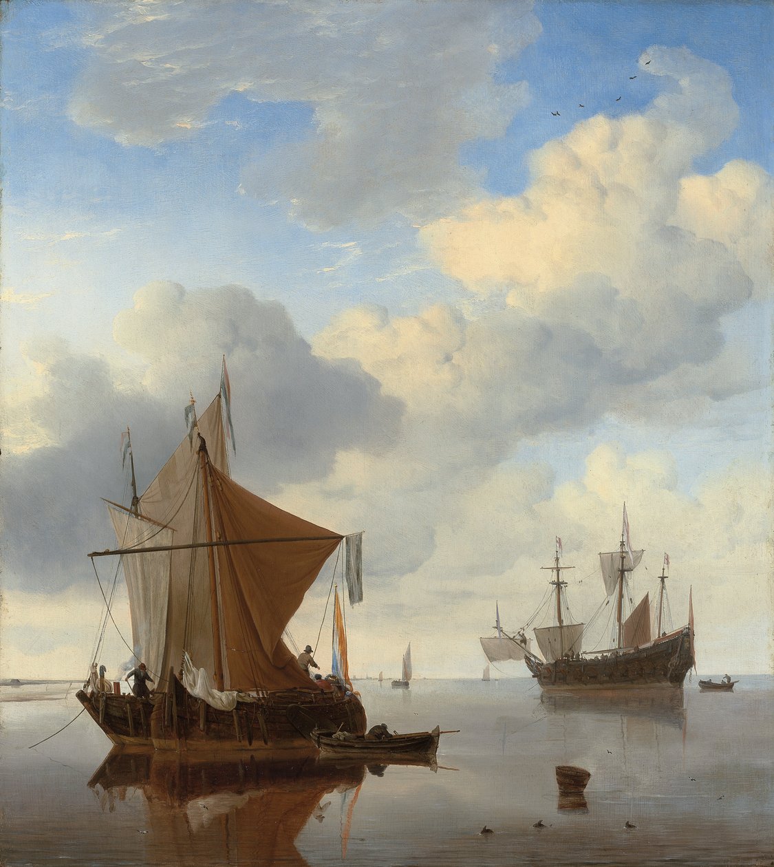 En ro - en smalschip og en kaag for anker med en engelsk man-o"-krig bortenfor av Willem van de Velde