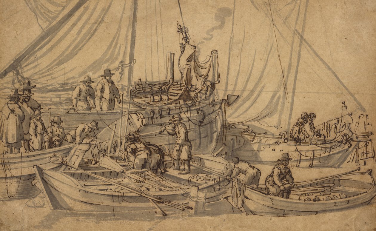 Figurer om bord på små handelsfartøy, ca. 1650-5 (penn, brunt blekk og vasketegning) av Willem van de Velde