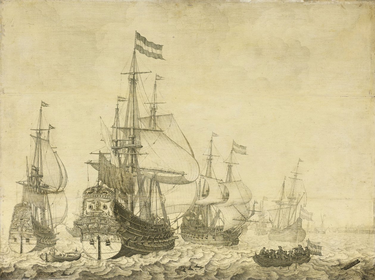 Havlandskap med nederlandske krigsmenn inkludert Drenthe og prinsen Frederick-Henry, ca. 1670 (maleri på panel) av Willem van de Velde