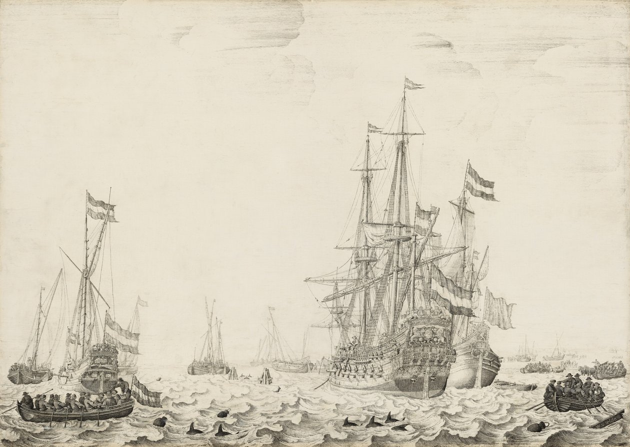 Hollandske skip nær kysten, tidlig på 1650-tallet. av Willem van de Velde I