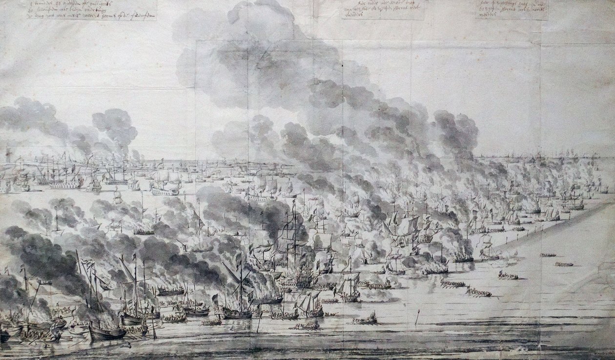 Robert Holmes satte fyr på den nederlandske flåten ved Terschelling av Willem van de Velde the Elder