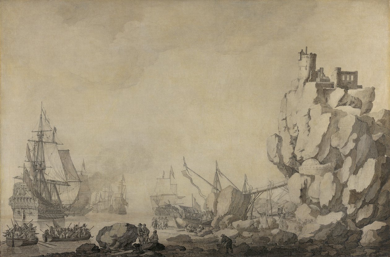 Skip og milits ved en steinete kyst av Willem van de Velde the Elder