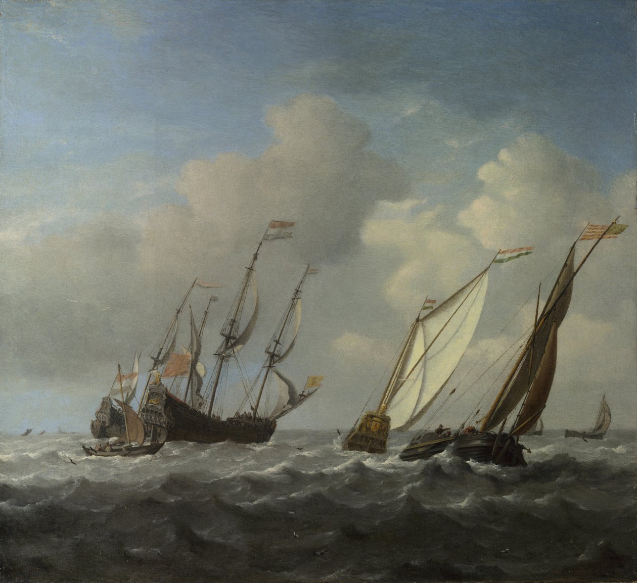 Et nederlandsk skip, en yacht og mindre fartøy i en bris, ca. 1660 av Willem van de Velde the Younger