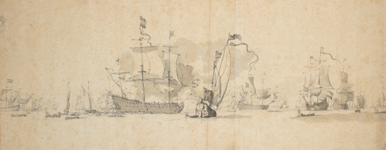 Et krigsråd i den nederlandske flåten, mai 1665, ca. 1665 (grafitt, gråvasket) av Willem van de Velde the Younger