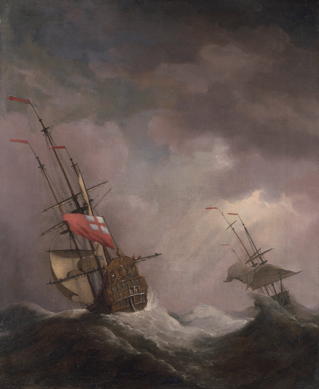 Et engelsk skip til sjøs som løper i kuling av Willem van de Velde the Younger