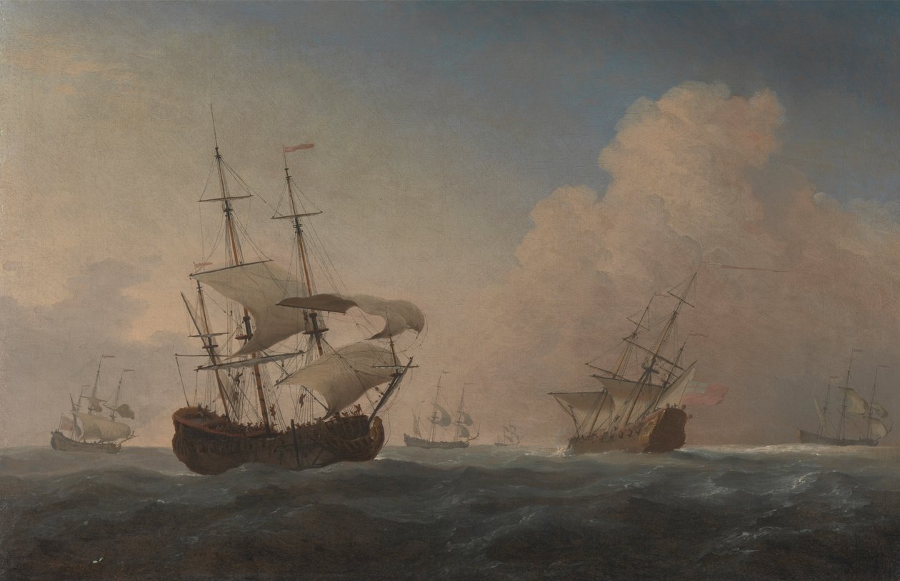 Engelske krigsskip krenger i brisen offshore av Willem van de Velde the Younger