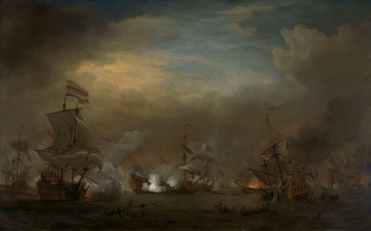 Natt sjøslag mellom Cornelis Tromp på Gouden Leeuw og Sir Edward Spragge på Royal Prince av Willem van de Velde the Younger