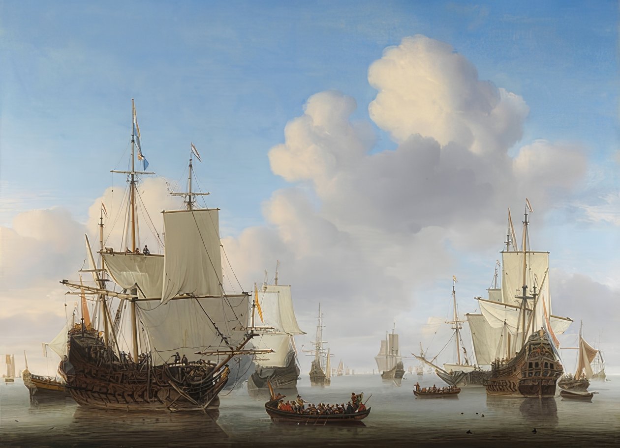 Hollandske skip på stille hav. Rundt 1665 av Willem van de Velde the Younger