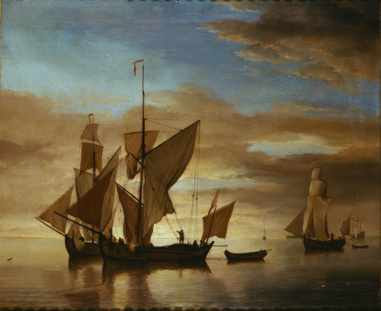 Sender på stille hav i kveldslyset av Willem van de Velde the Younger