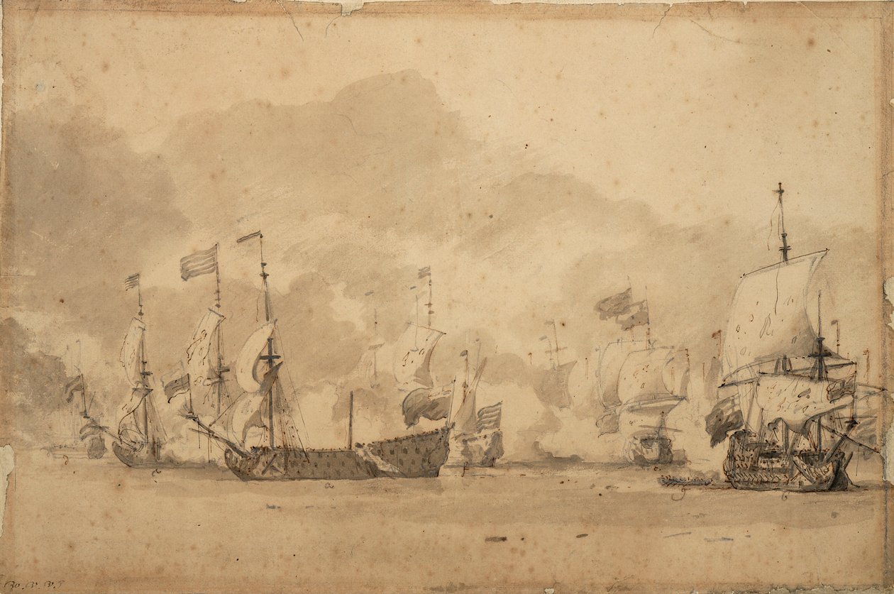 Slaget ved Texel (Kijkduijn) 11.–21. august 1673, ca. 1673 (grafitt, gråvask) av Willem van de Velde the Younger