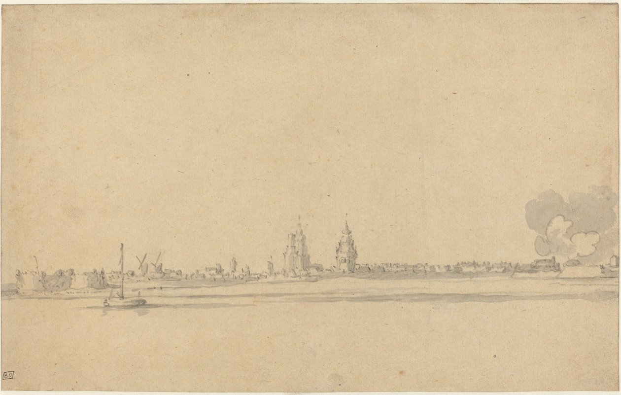 Utsikt over en nederlandsk by (Delft?) av Willem van de Velde the Younger