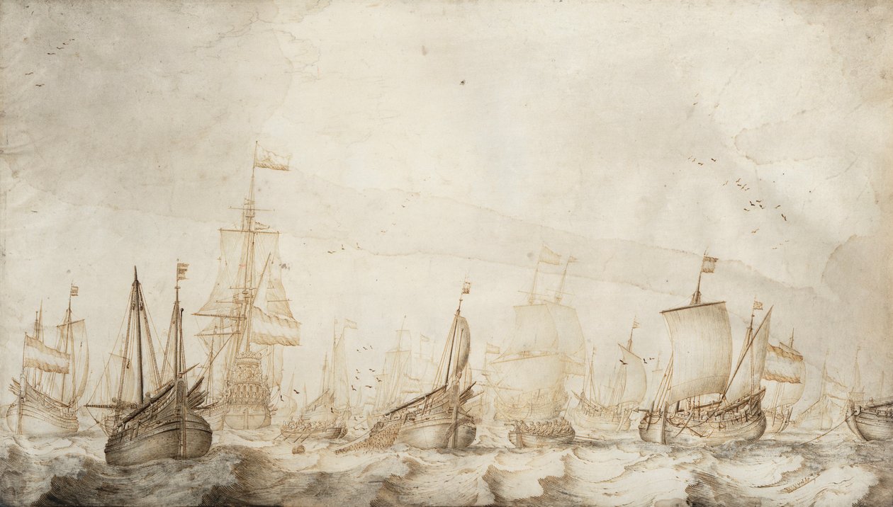 Nederlandske sildefiskefartøy i Nordsjøen. Blekk- og vasketegning (27,4 x 47,6 cm) av William van de Velde den eldre (ca. 1611–1693), cirka 1650. av Willem van de the Elder Velde
