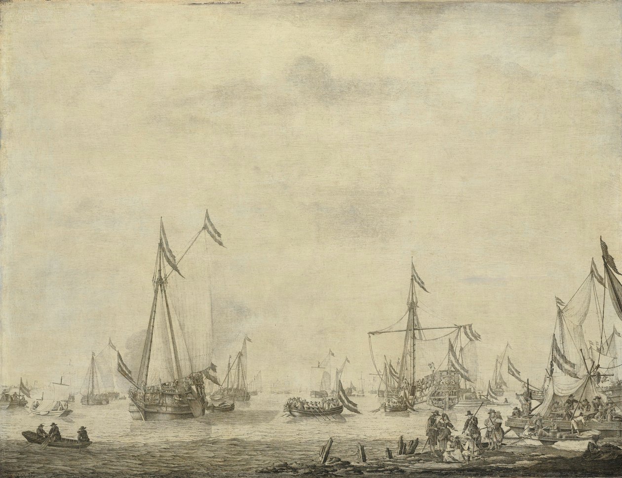 Kongelig yacht og statsyacht seiler fra Moerdijk med Karl II av Willem van de the Elder Velde