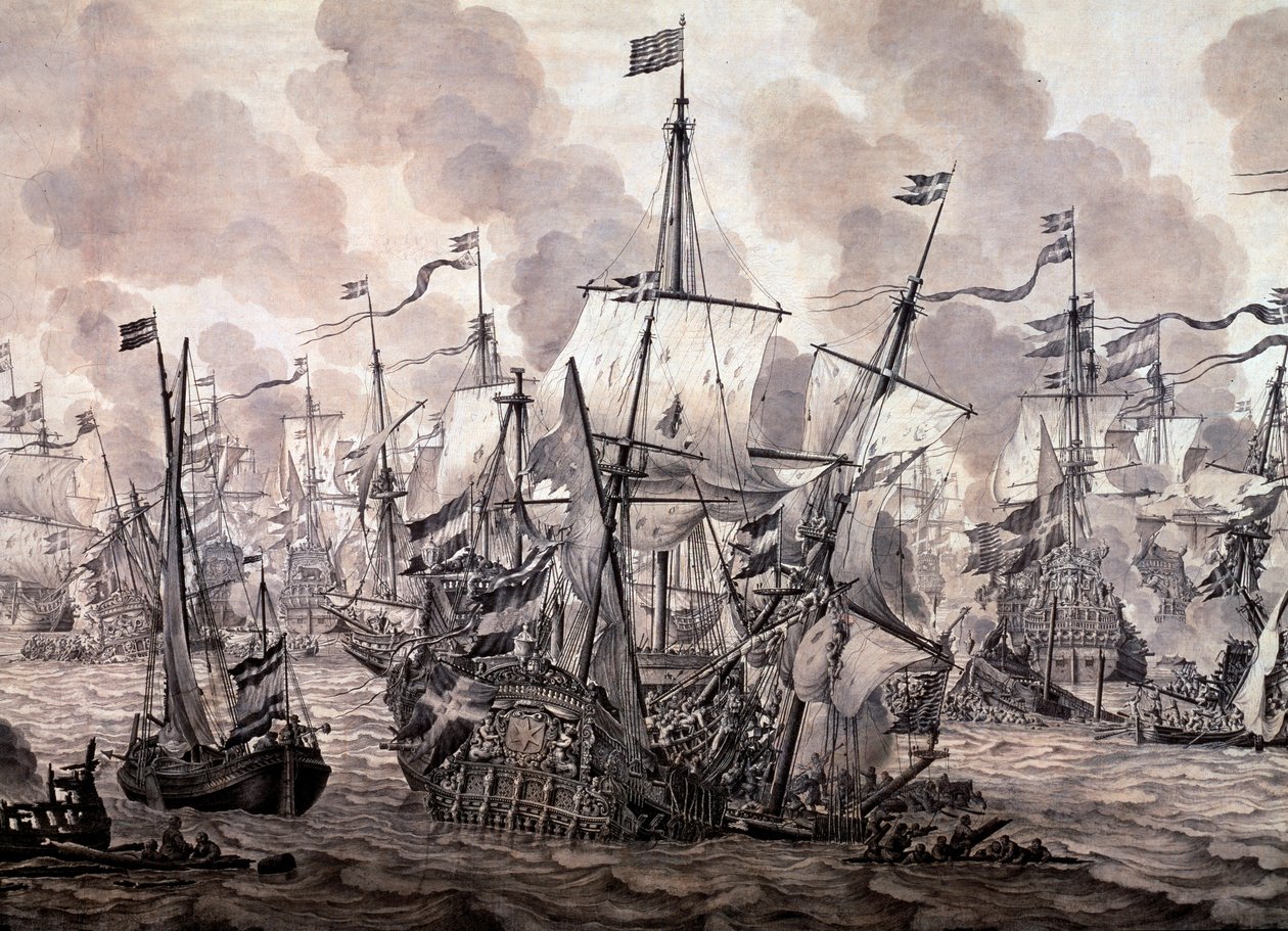 slaget ved Øresund mellom den nederlandske og den svenske flåten, 8. november 1658. Detalj - Olje- og blekkmaleri av Willem van de the Elder Velde