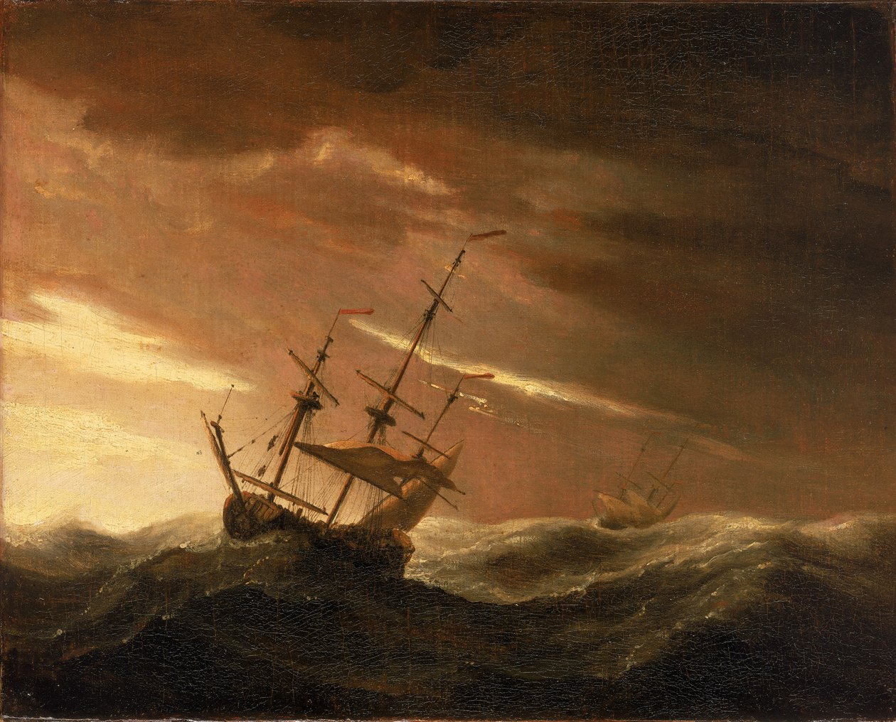 Et engelsk skip som ligger for føtter i en storm, sent på 1600-tallet (olje på lerret) av Willem van de Velde the Younger