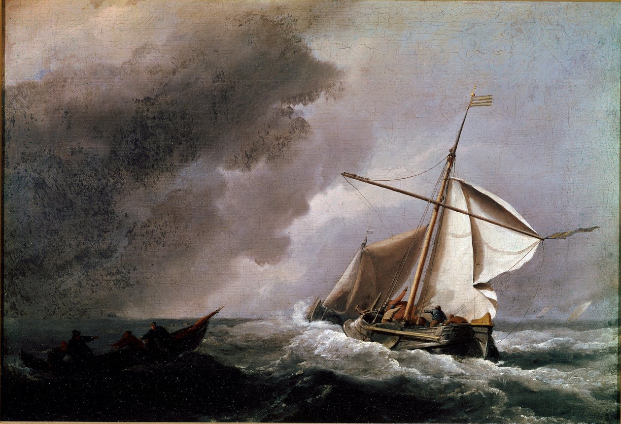 Hollandsk skip som senker seil og venter på en livbåt Maleri av Willem Van de Velde den unge (1633-1707) 1660 Søn. 23,2x33,2 cm London, Nasjonalgalleriet av Willem van de Velde the Younger
