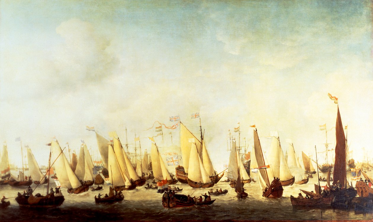 Ombordstigning av Charles II Stuart ved Scheveningen av Willem van de Velde the Younger
