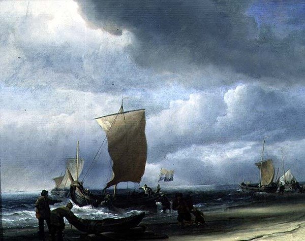 Fiskebåter som kommer i land (olje på lerret) av Willem van de Velde the Younger