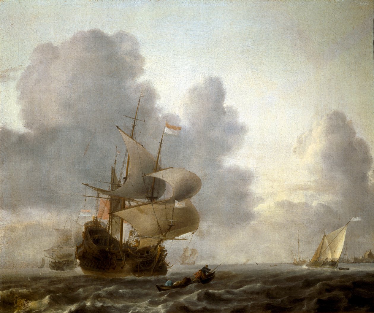 Landskap av båter i et rystet hav (maleri av Willem van de Velde the Younger