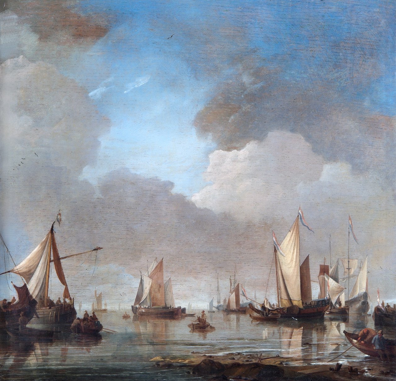 Store skip og båter i ro (olje på eikepanel) av Willem van de Velde the Younger