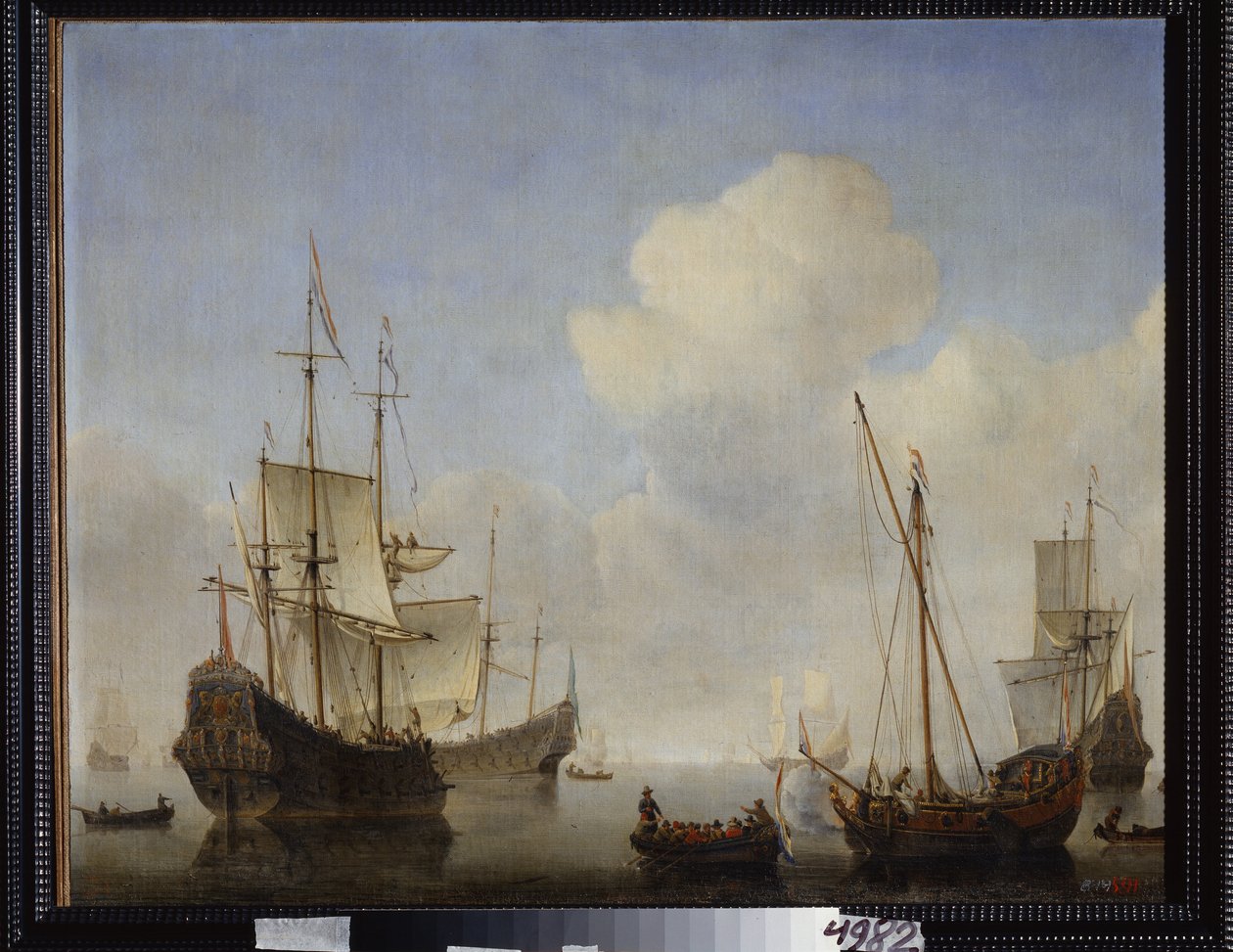 Den nederlandske skvadronen på den vestafrikanske kysten. Maleri av Willem van de Velde den yngre (1633-1707). Olje på lerret, ca 1660. Nederlandsk skole, barokkkunst. Statens friluftsmuseum Peterhof, Saint Peters av Willem van de Velde the Younger