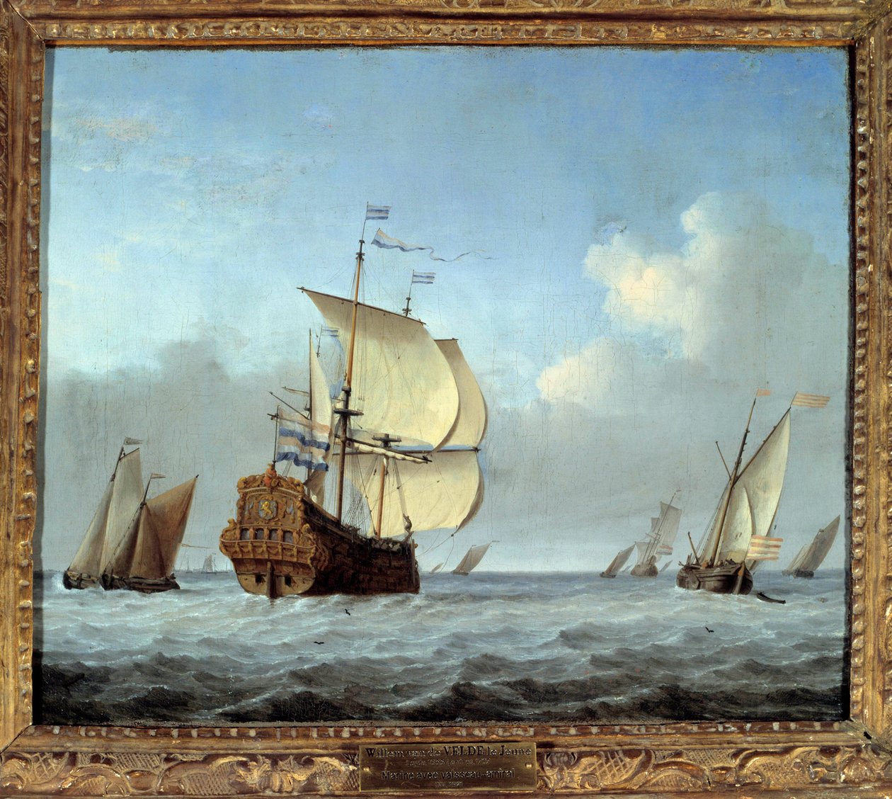 Marine med flaggskip Maleri av Willem Van de Velde II le Jeune (1633-1707) 1600-tallet Søn. 0,35x0,42 m av Willem van de Velde the Younger