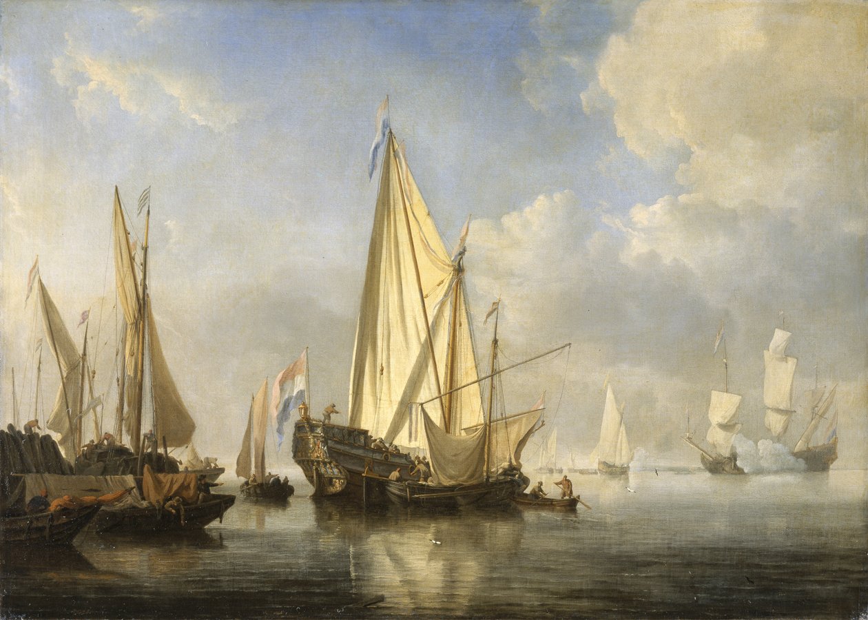 Sende i rolige omgivelser med en State Yacht utenfor enden av en brygge, ca. 1680 (olje på lerret) av Willem van de Velde the Younger