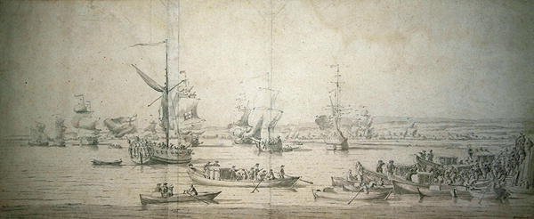 Ankomsten av James, hertugen av York, på Royal Yacht i Chatham, for å lansere det førsteklasses slagskipet 