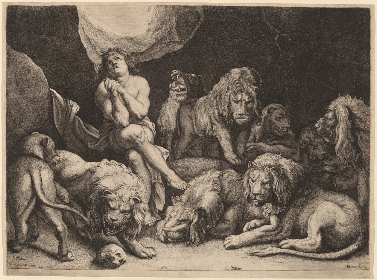 Daniel i Løvenes hule av Willem van der Leeuw after Sir Peter Paul Rubens
