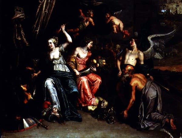 Landbruk akkompagnert av berømmelse som tilber Ceres som en harpy blir tråkket under føttene og Minerva overvinner Mars (olje på kobber) av Willem van the Elder Herp
